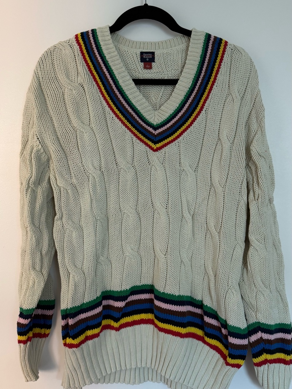 Rowing Blazers Cream Cable-Knit Sweater with Green & Red Trim